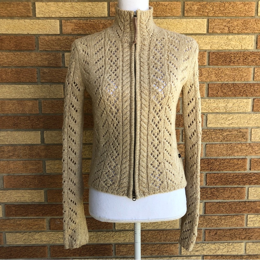 Abercrombie & Fitch Lambswool Blend Sweater Size M Tan Beige Zip Front Mock Neck